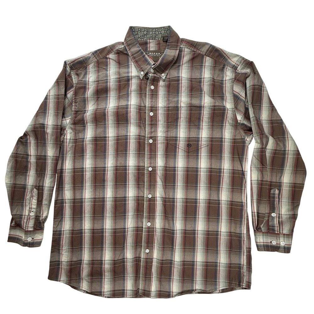 Roper Wear the West Mens 2XL Brown Plaid ButtonDown Shirt Long Sleeve 100%Cotton